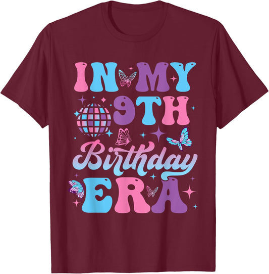 Groovy In My 9th Birthday Era Nine 9 years Old Birthday T-Shirt - T-Shirt | Maroon