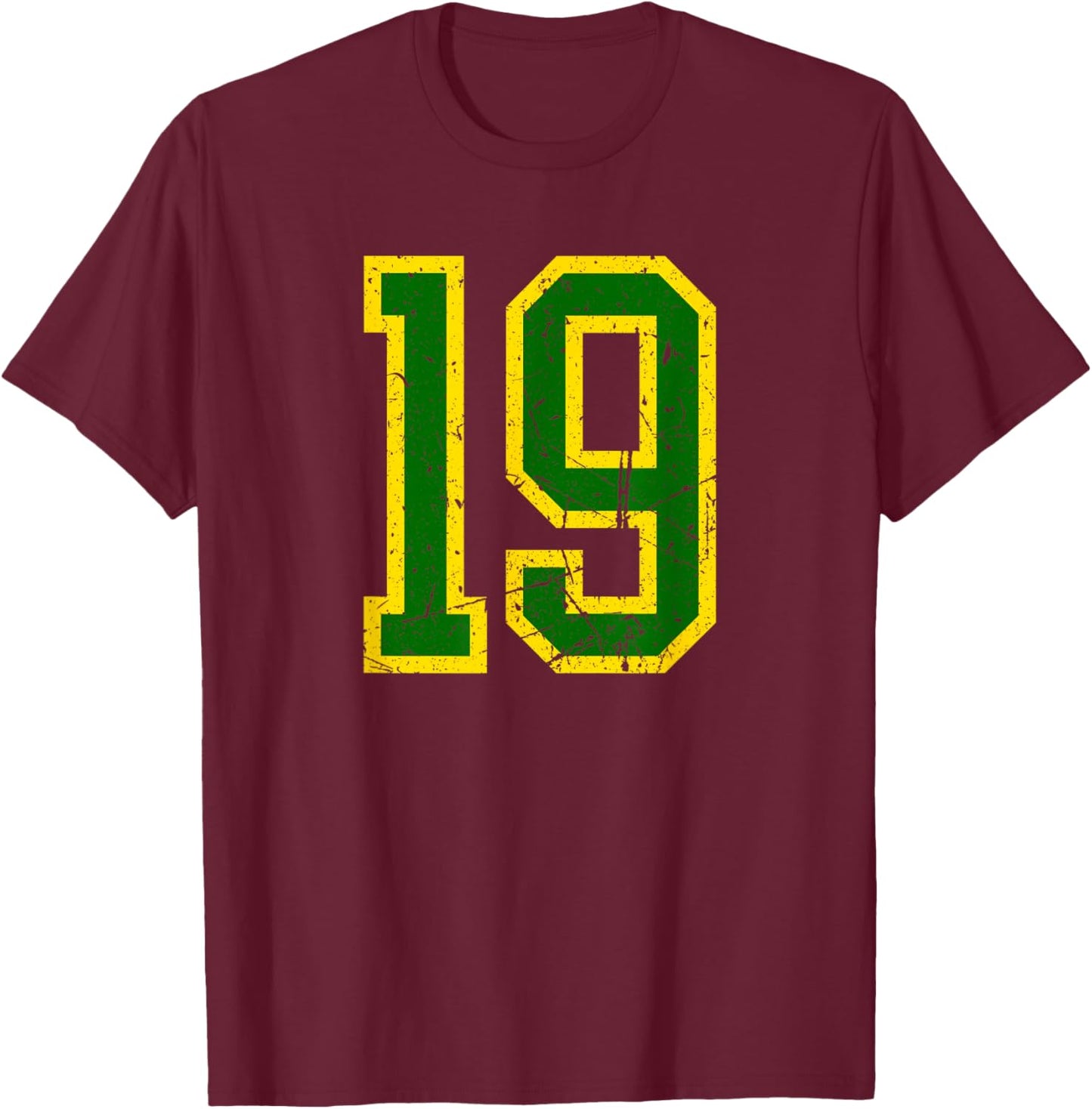 Distressed Green Yellow Sports Team Number 19 T-Shirt - T-Shirt | Maroon