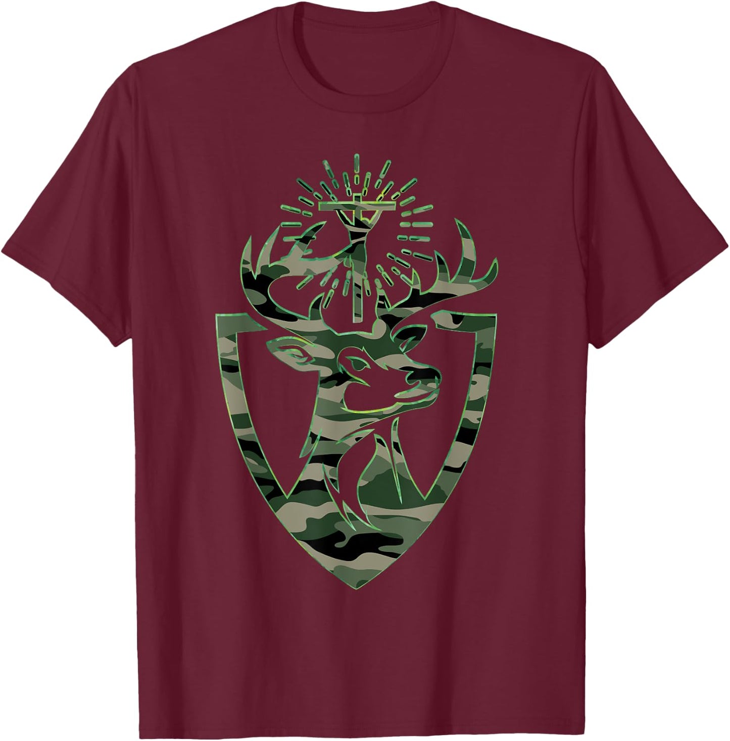 Hubert Hubertus Patron Saint of Hunters Stag Camo Men T-Shirt - T-Shirt | Maroon