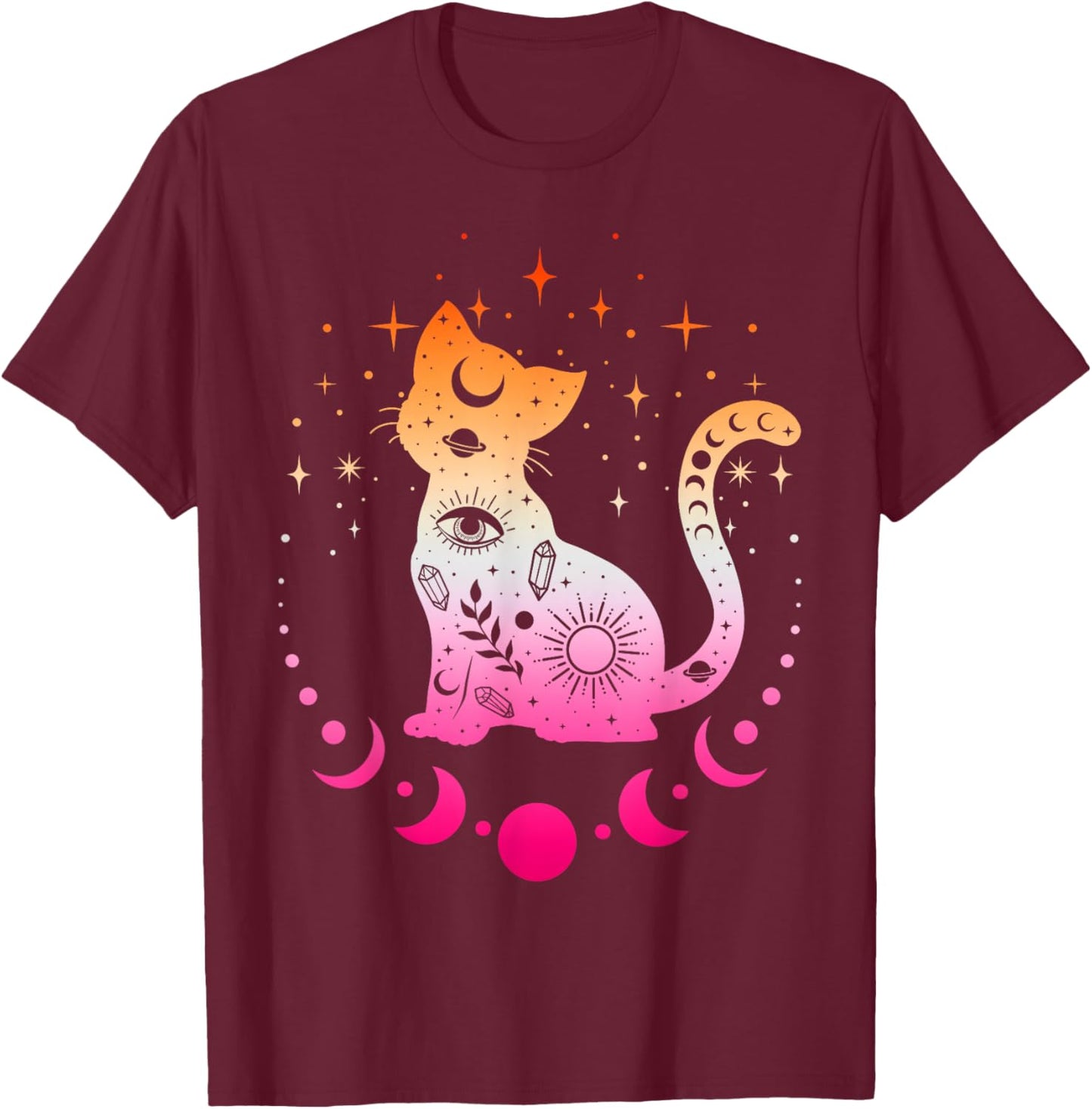 Lesbian Astrology Cat, Moon Phases Lesbian Pride Flag Colors T-Shirt - T-Shirt | Maroon