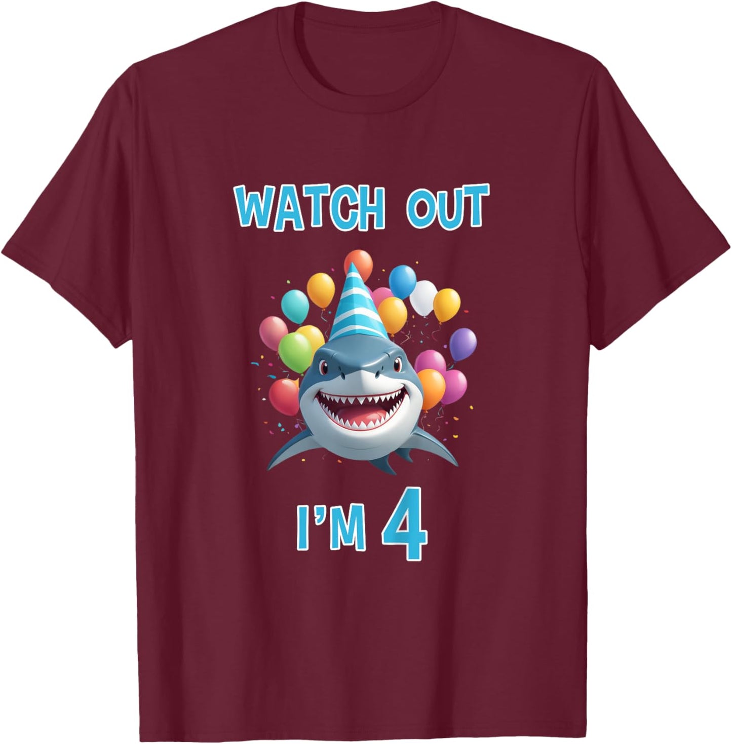 Shark Birthday Watch Out I'm 4 Years Old 4th Birthday T-Shirt - T-Shirt | Maroon