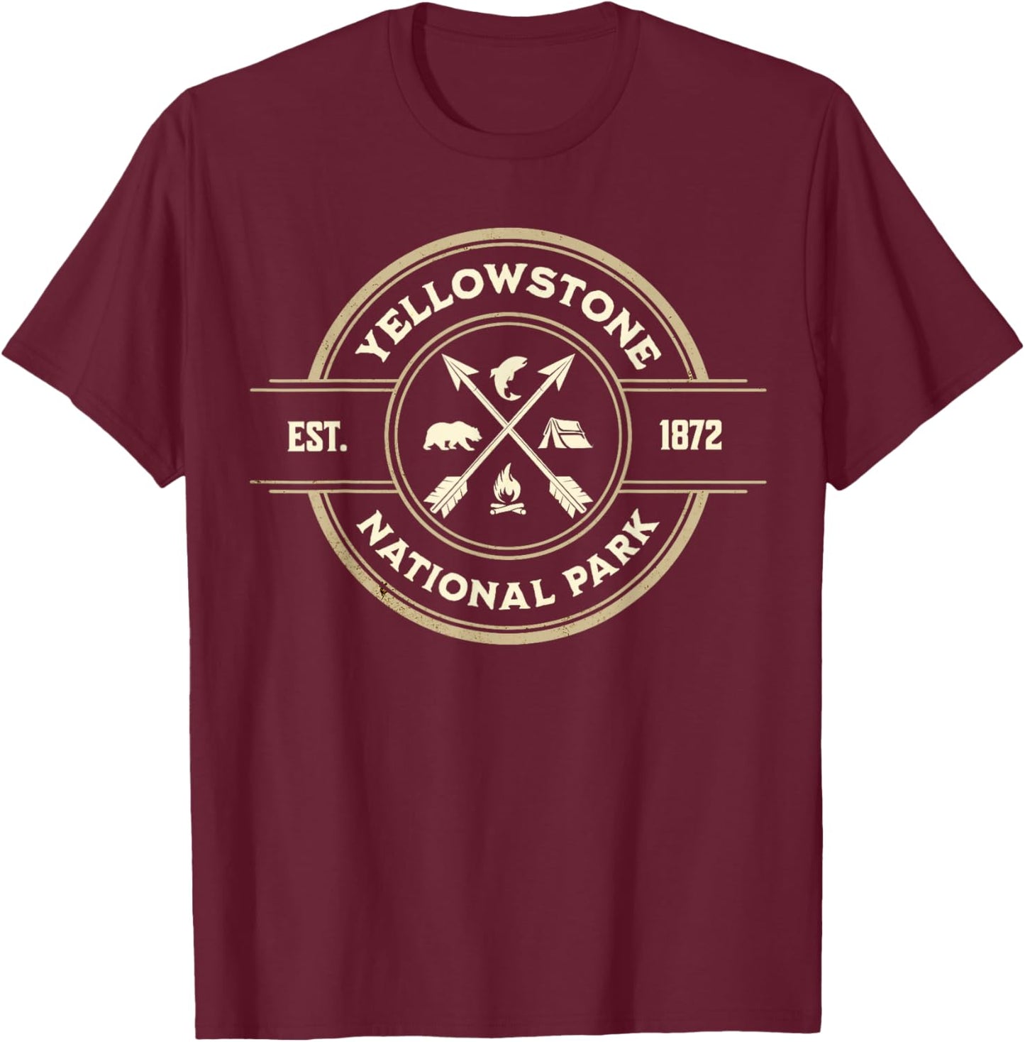 Vintage Retro Yellowstone National Park Hiking T-Shirt - T-Shirt | Maroon