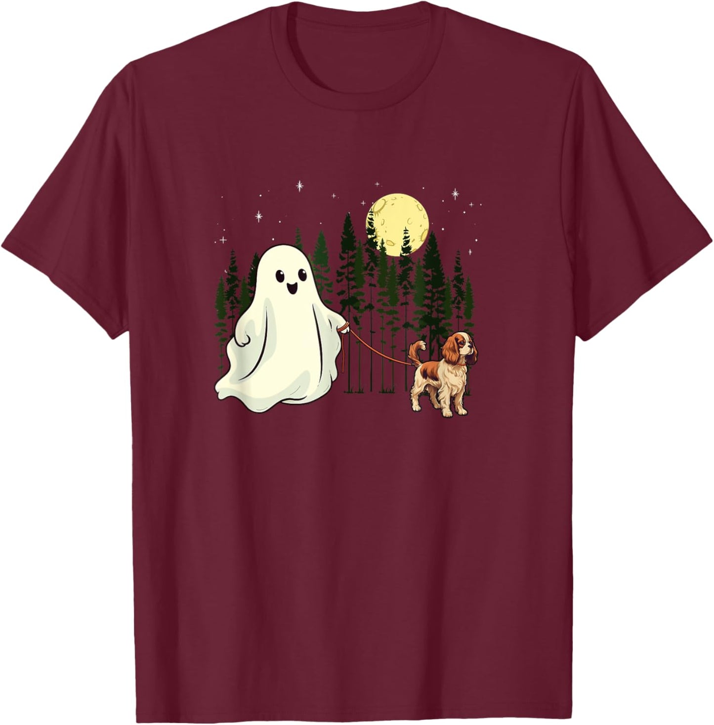 Cavalier King Charles Spaniel Walking Ghost Halloween Funny T-Shirt - T-Shirt | Maroon