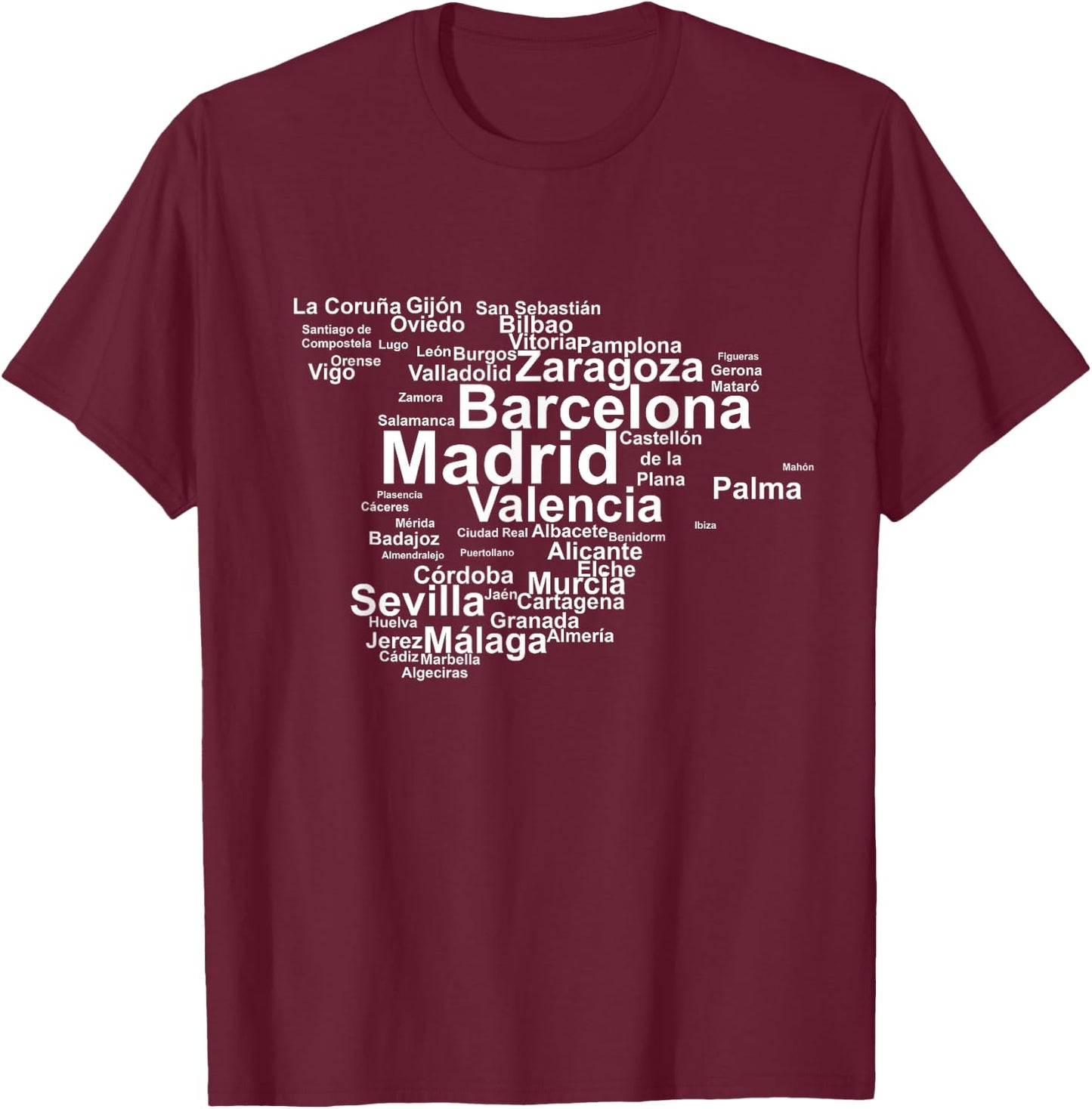 Spain Map Silhouette Towns Cities Madrid Travel Espana T-Shirt - T-Shirt | Maroon