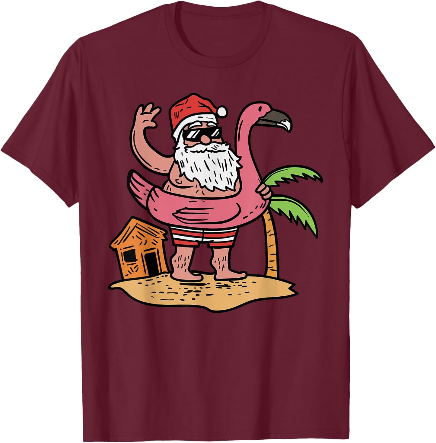 Summer Santa Flamingo Floater Funny Christmas In July Gift T-Shirt - T-Shirt | Maroon