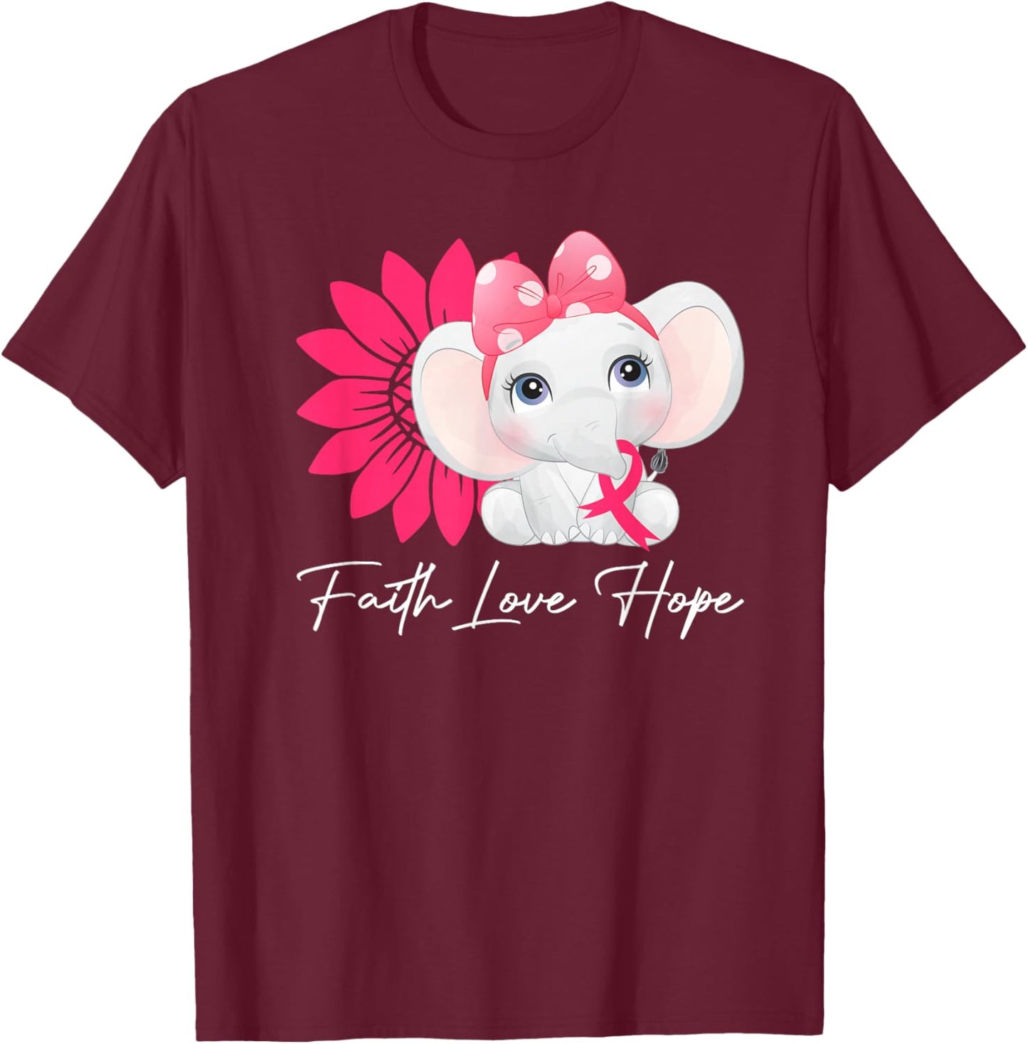 Breast Cancer Cute Elephant With Sunflower and Pink Ribbon T-Shirt - T-Shirt | Maroon