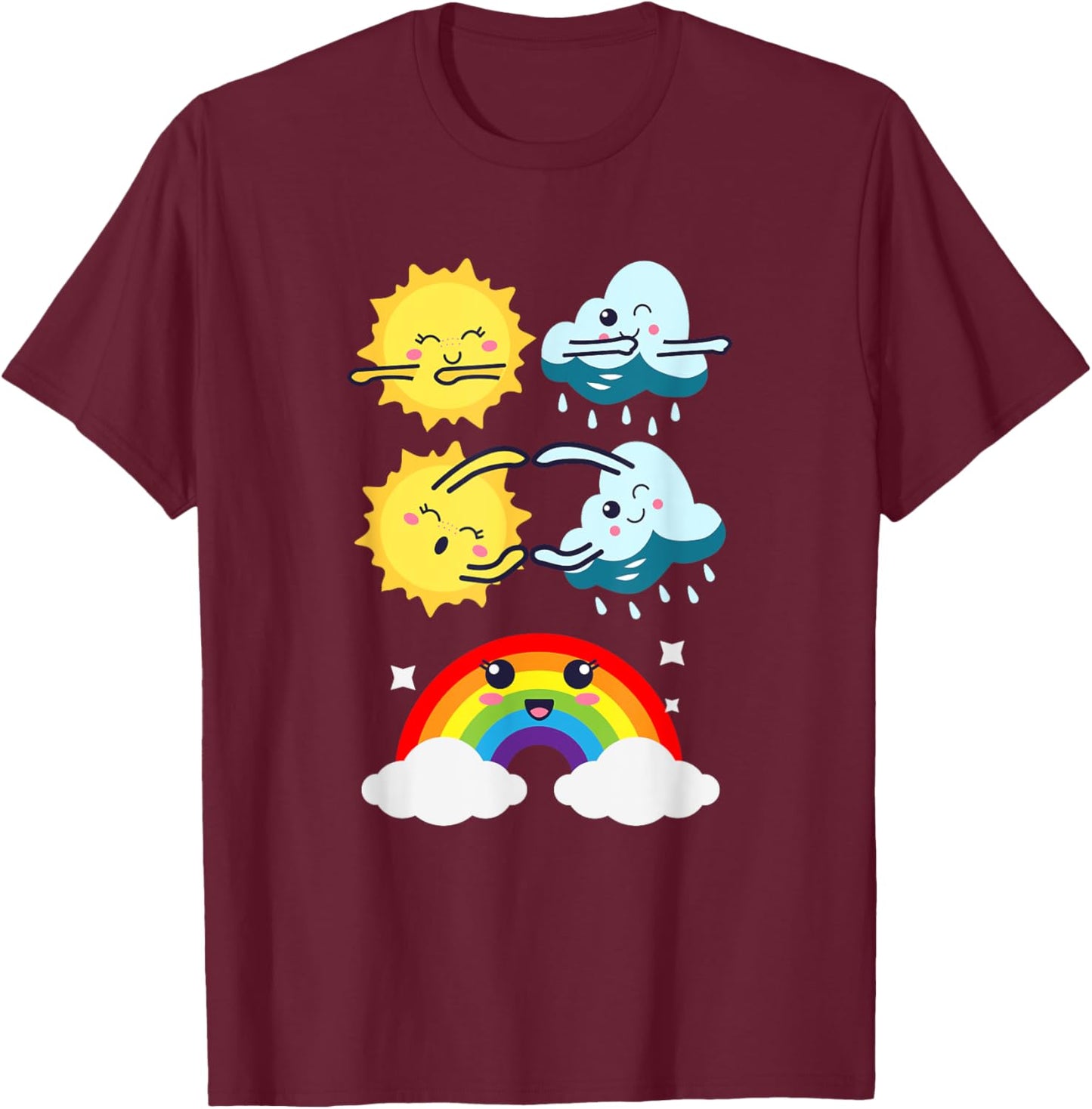 Funny Dancing Sun Cloud Rainbow | Nature Rain Summer Men Women Kids T-Shirt - T-Shirt | Maroon