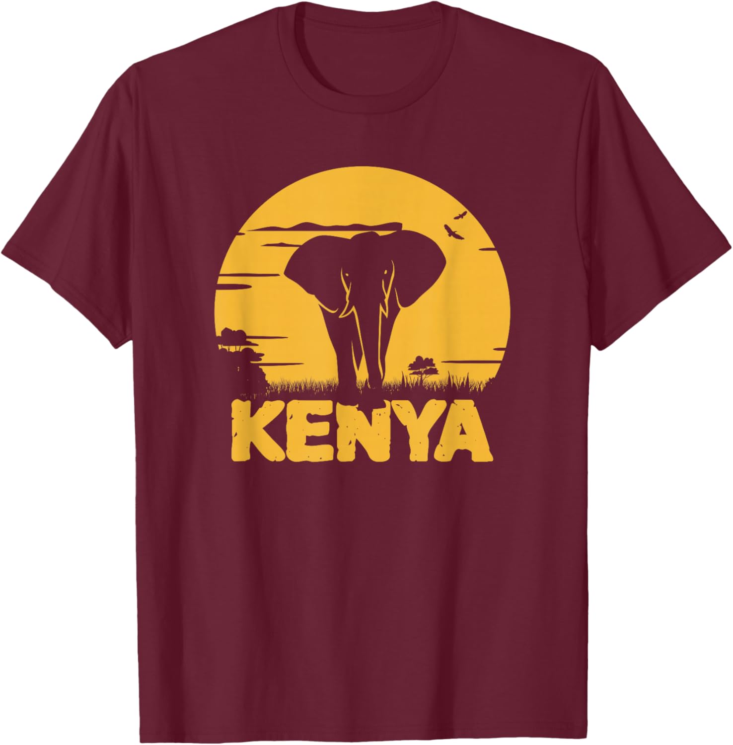 Kenyan Shirt with Retro Vintage Sunset, Elephant Kenya T-Shirt - T-Shirt | Maroon