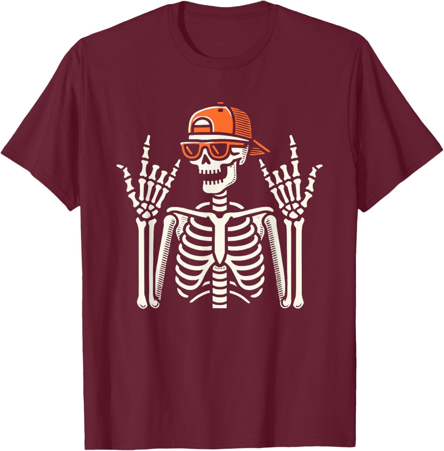 Rocker Skeleton With Cap, Halloween, Men, Rock Hand, Skater T-Shirt - T-Shirt | Maroon