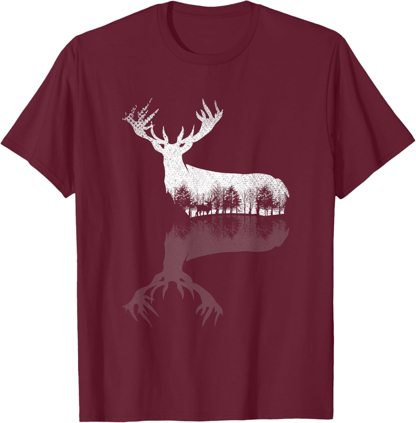 Animal Outdoor Trees Nature Forest Wildlife Reflection Deer T-Shirt - T-Shirt | Maroon