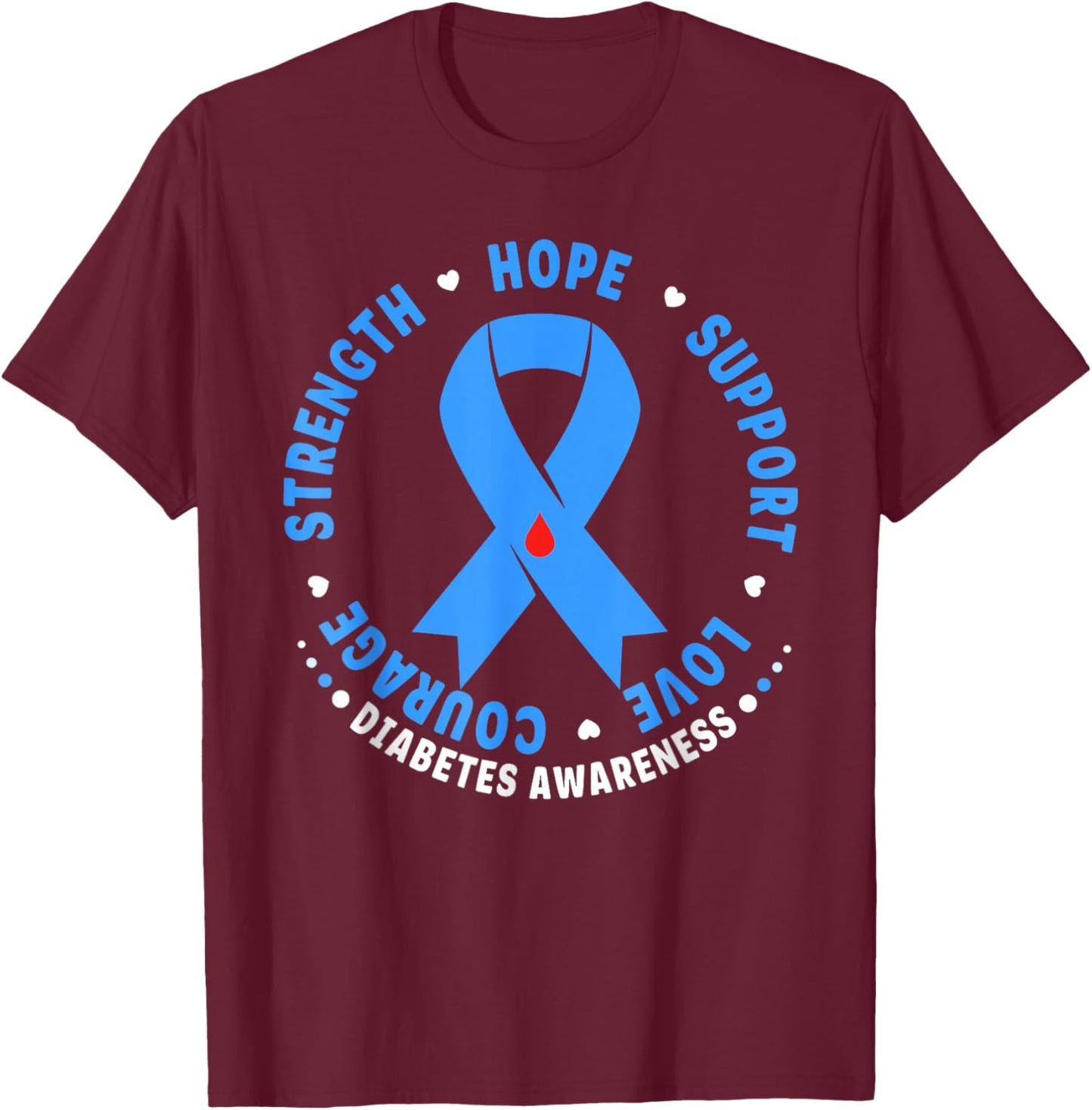 Diabetes Awareness Month Blue Love Ribbon Support T1D T2D T-Shirt - T-Shirt | Maroon