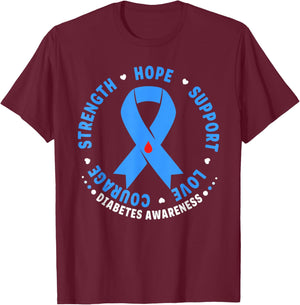 Diabetes Awareness Month Blue Love Ribbon Support T1D T2D T-Shirt - T-Shirt | Maroon