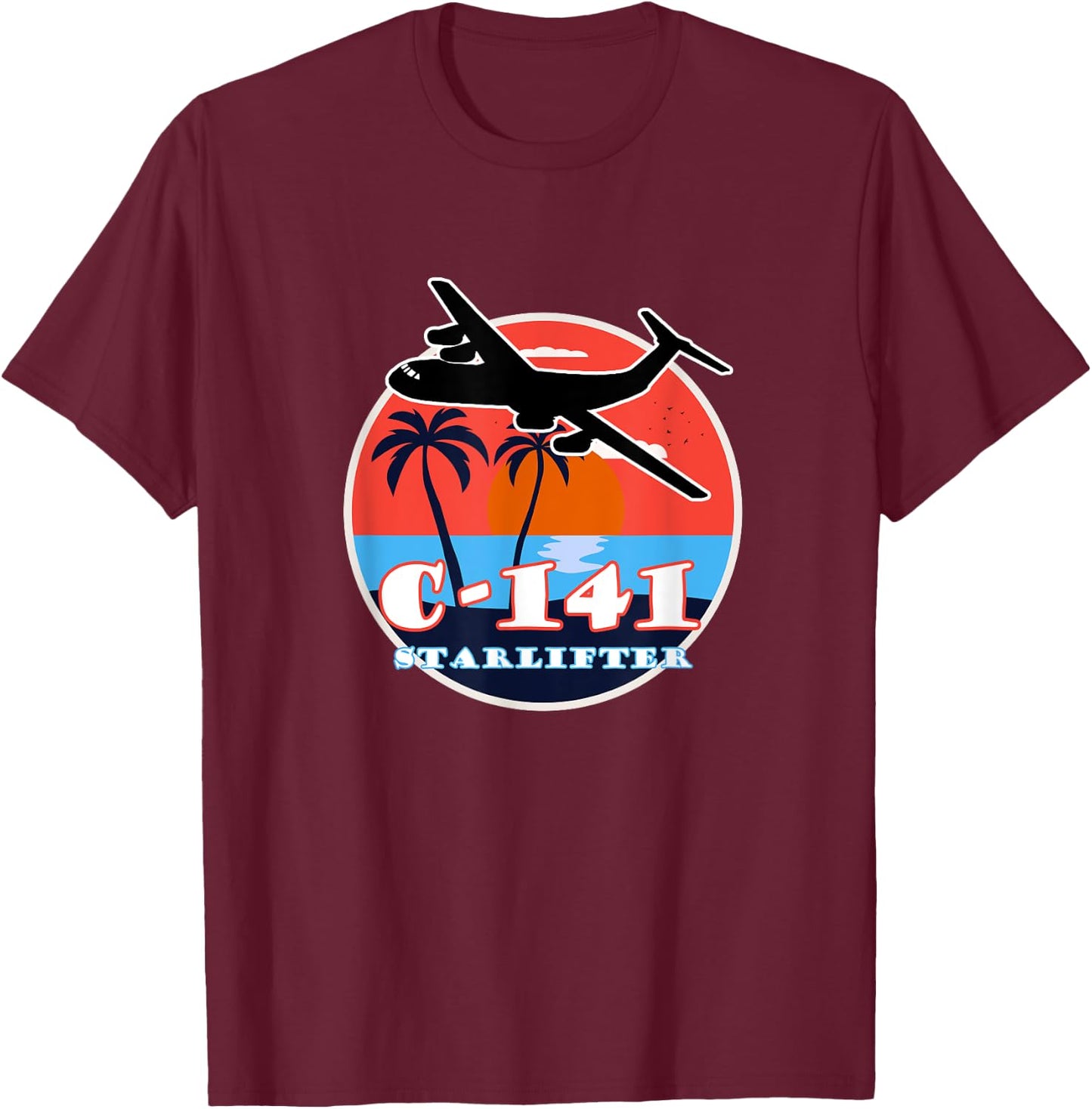 C-141 Vintage Tropical Sunset Cargo Aviation T-Shirt - T-Shirt | Maroon