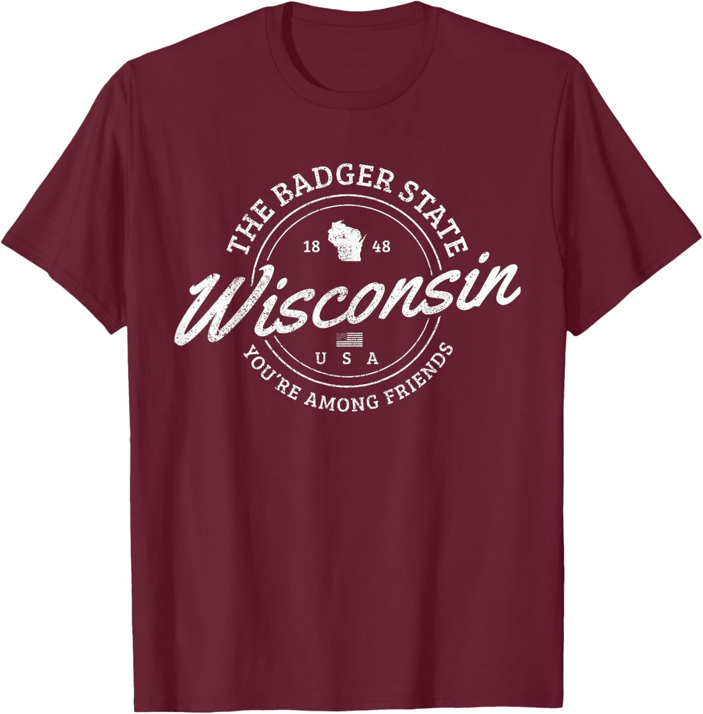 Wisconsin Est. 1848 Badger State Map Souvenir Pride T-Shirt - T-Shirt | Maroon