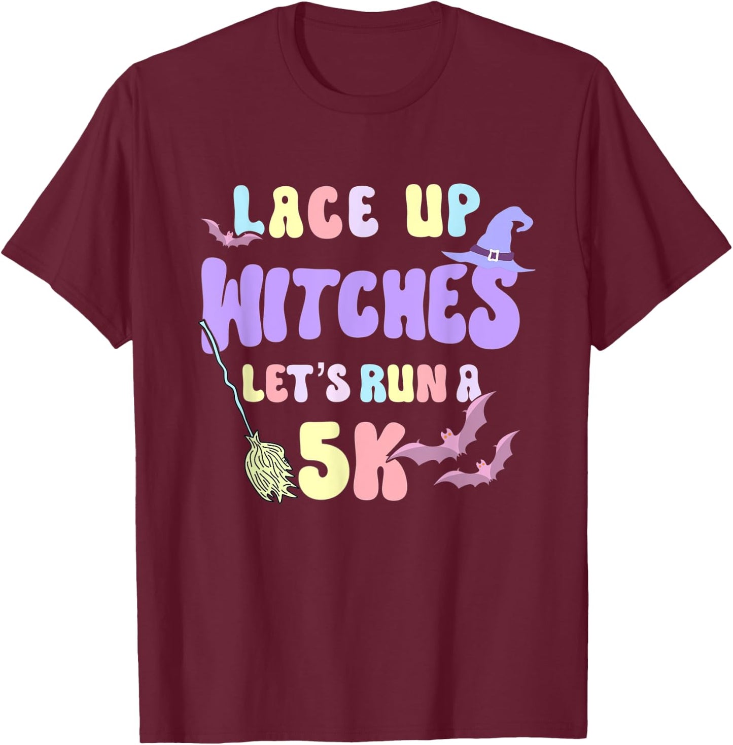 Lace Up Witches Let's Run A 5K Retro Goth Halloween Witch T-Shirt - T-Shirt | Maroon