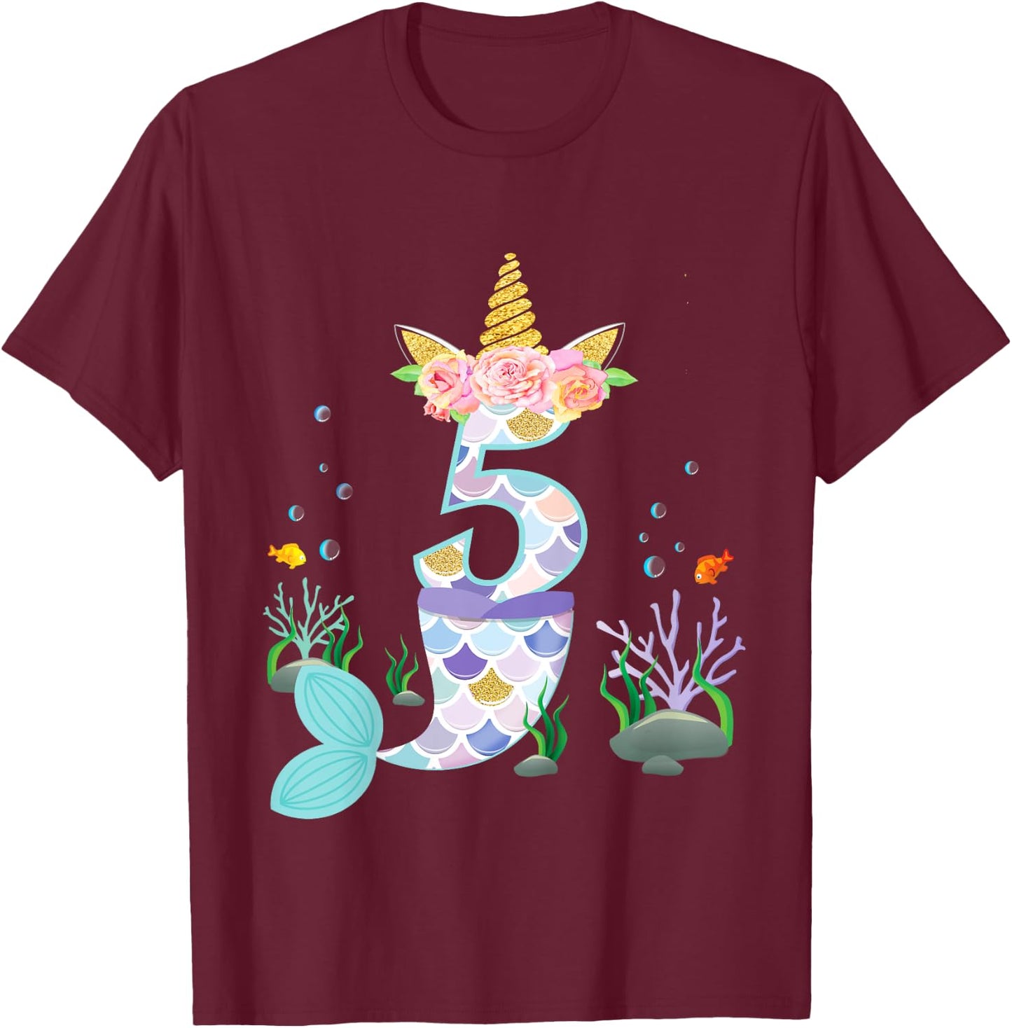 5 Year Old Unicorn Mermaid Birthday Theme Tail Girl 5th Gift T-Shirt - T-Shirt | Maroon