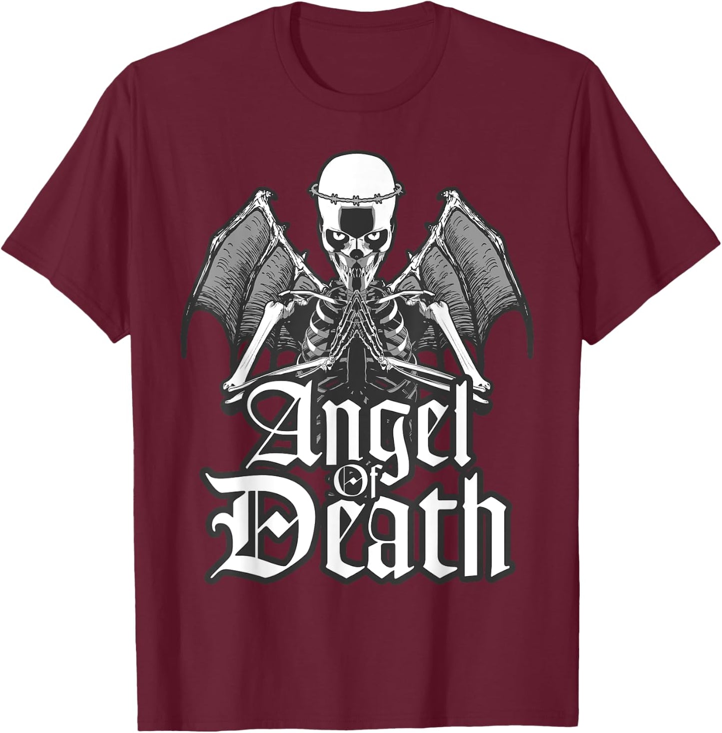 Praying Angel Of Death With Wings Goth Skull T-Shirt - T-Shirt | Maroon