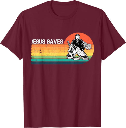 Vintage Retro Sunset Jesus Saves Hockey Player Jesus Lover