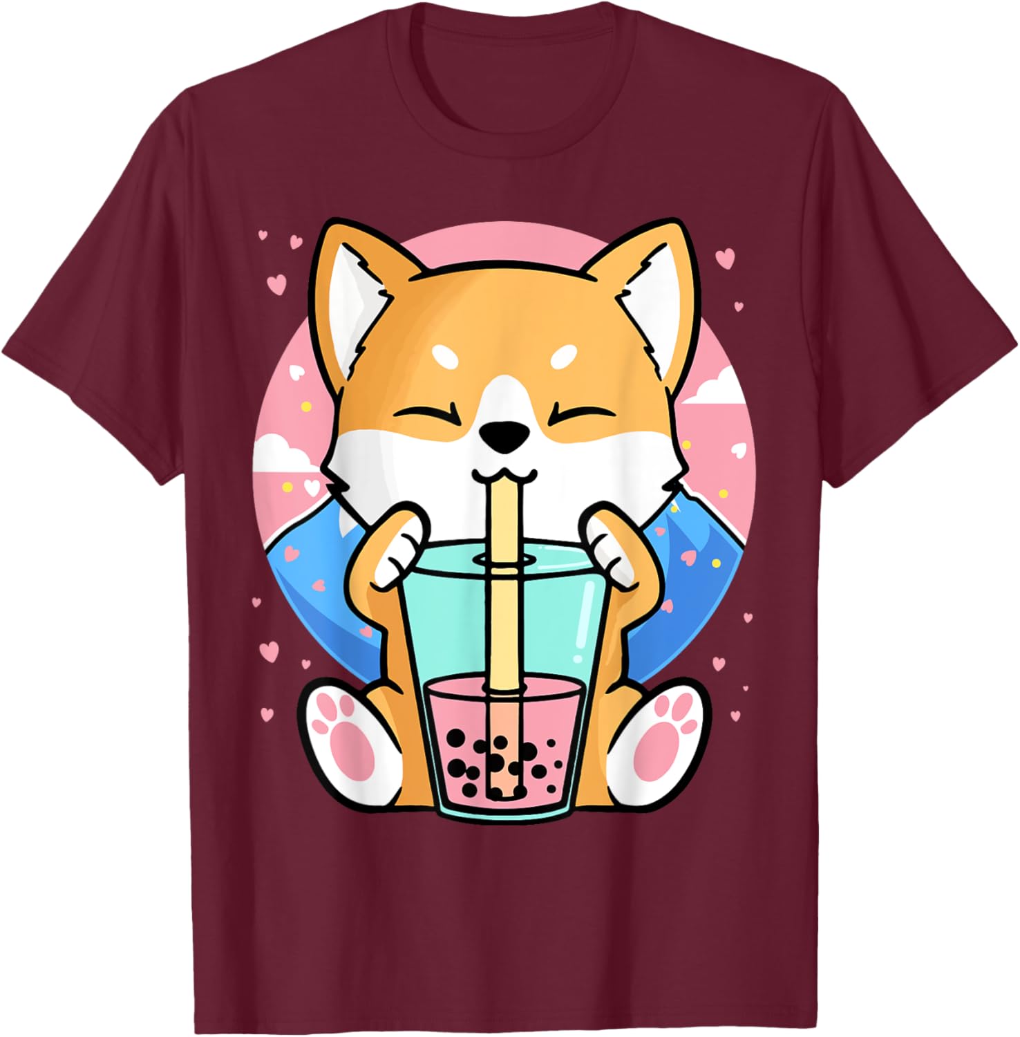Kawaii Corgi Dog Bubble Tea Boba Anime Neko Japanese Women Girls Kids T-Shirt - T-Shirt | Maroon
