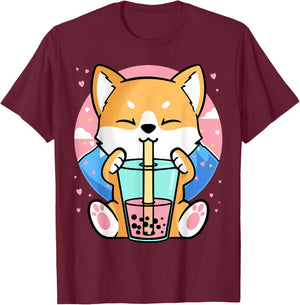 Kawaii Corgi Dog Bubble Tea Boba Anime Neko Japanese Women Girls Kids T-Shirt - T-Shirt | Maroon