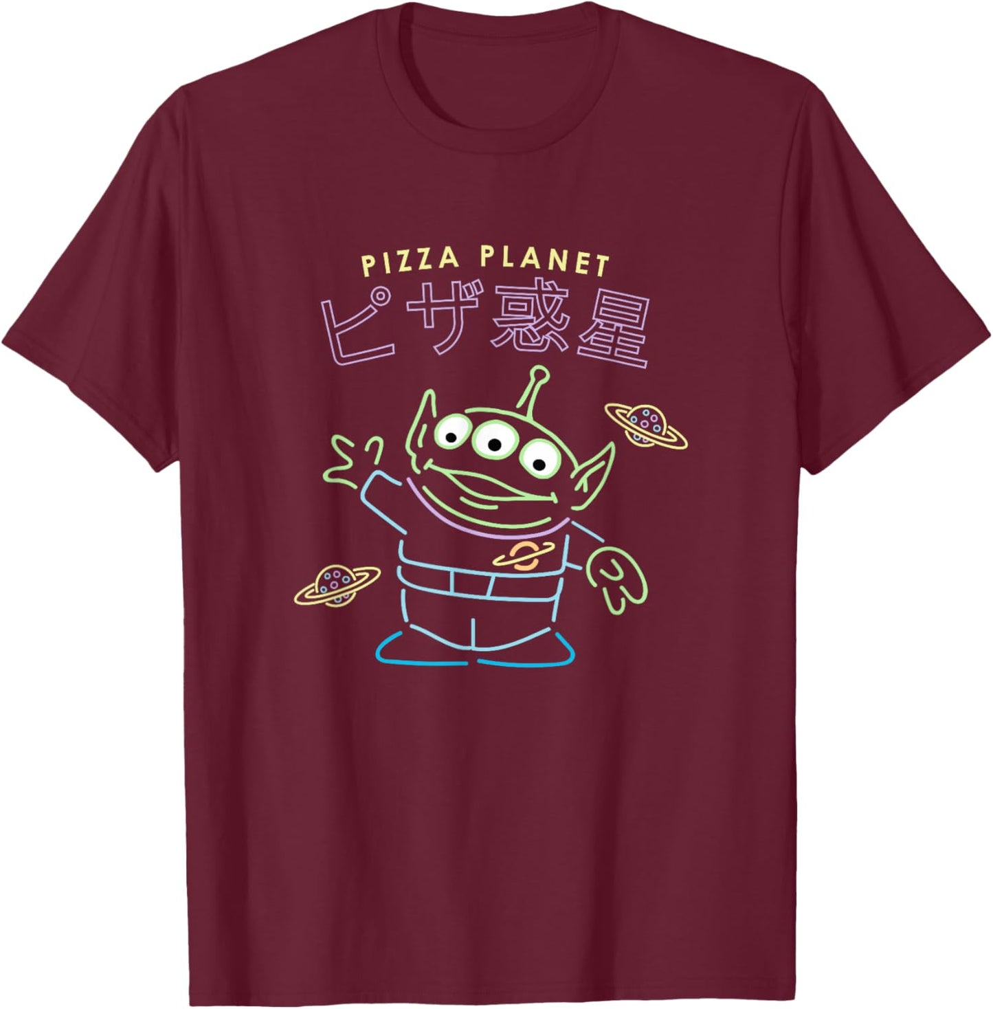 Disney Pixar Toy Story Pizza Planet Alien Neon Kanji Poster T-Shirt - T-Shirt | Maroon