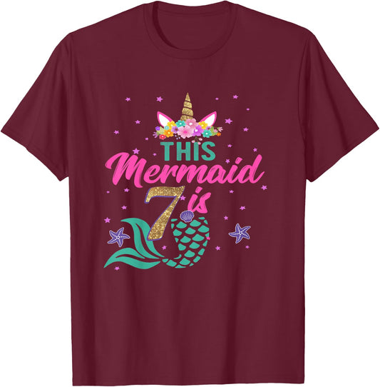 Kids 7th Birthday Girl Unicorn Shirt Mermaid Tail 7 Years Old T-Shirt - T-Shirt | Maroon