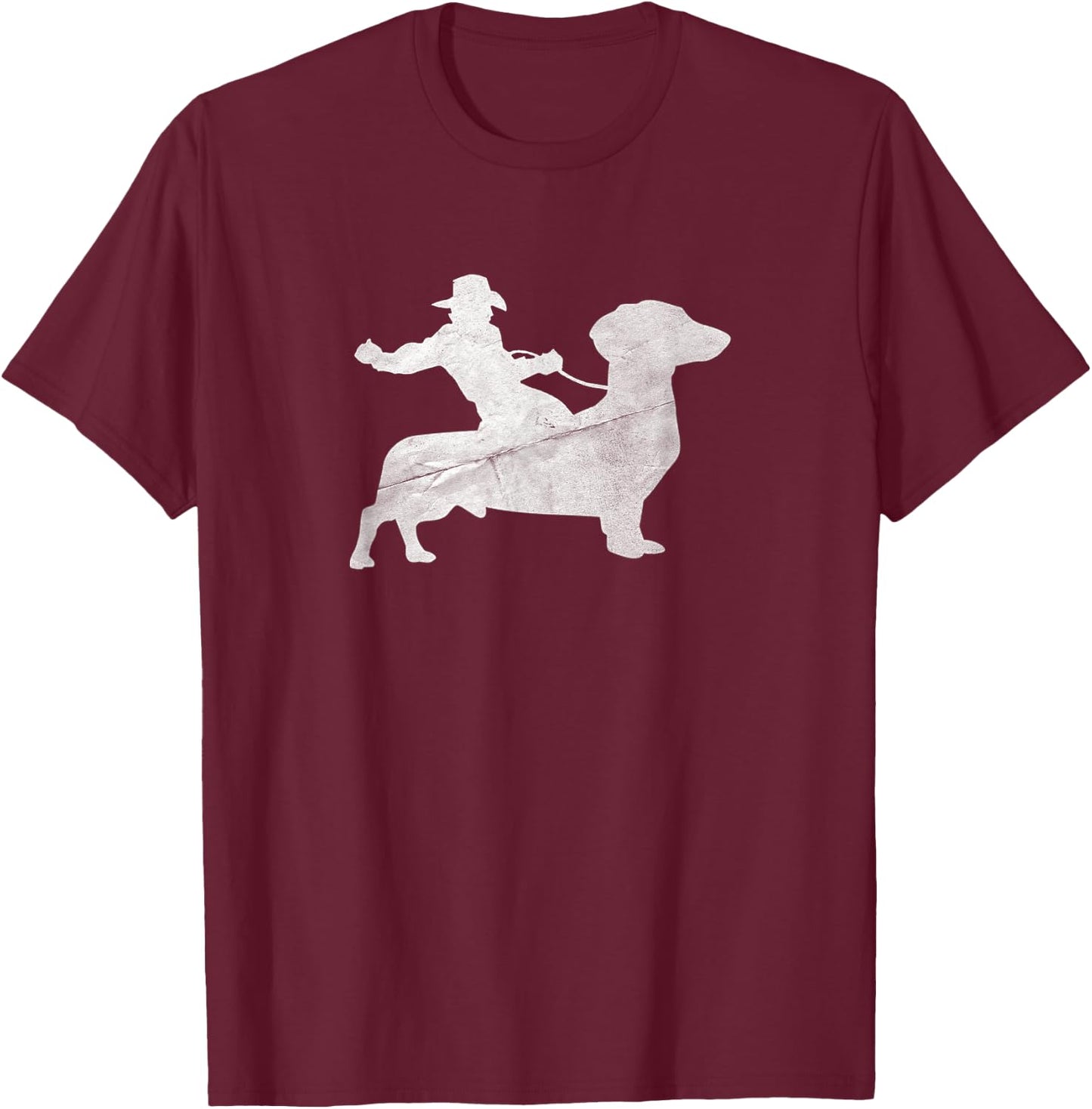 Cowboy Riding a Dachshund Wiener Dog Distressed T-Shirt - T-Shirt | Maroon