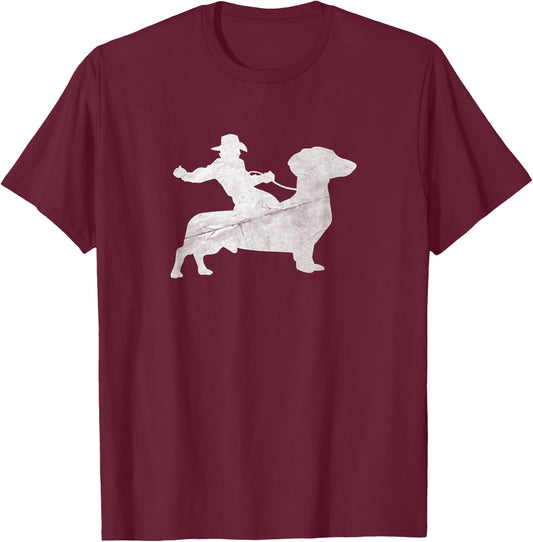 Cowboy Riding a Dachshund Wiener Dog Distressed T-Shirt - T-Shirt | Maroon