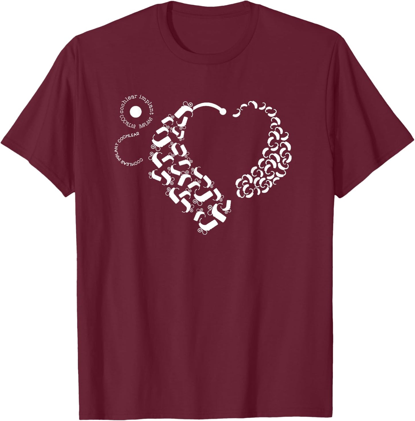 Hearing Loss Designs Co. Cochlear Implant and Hearing Aid Awareness Black Modern Letter Print Round Neck Short Sleeve T-Shirt - T-Shirt | Maroon