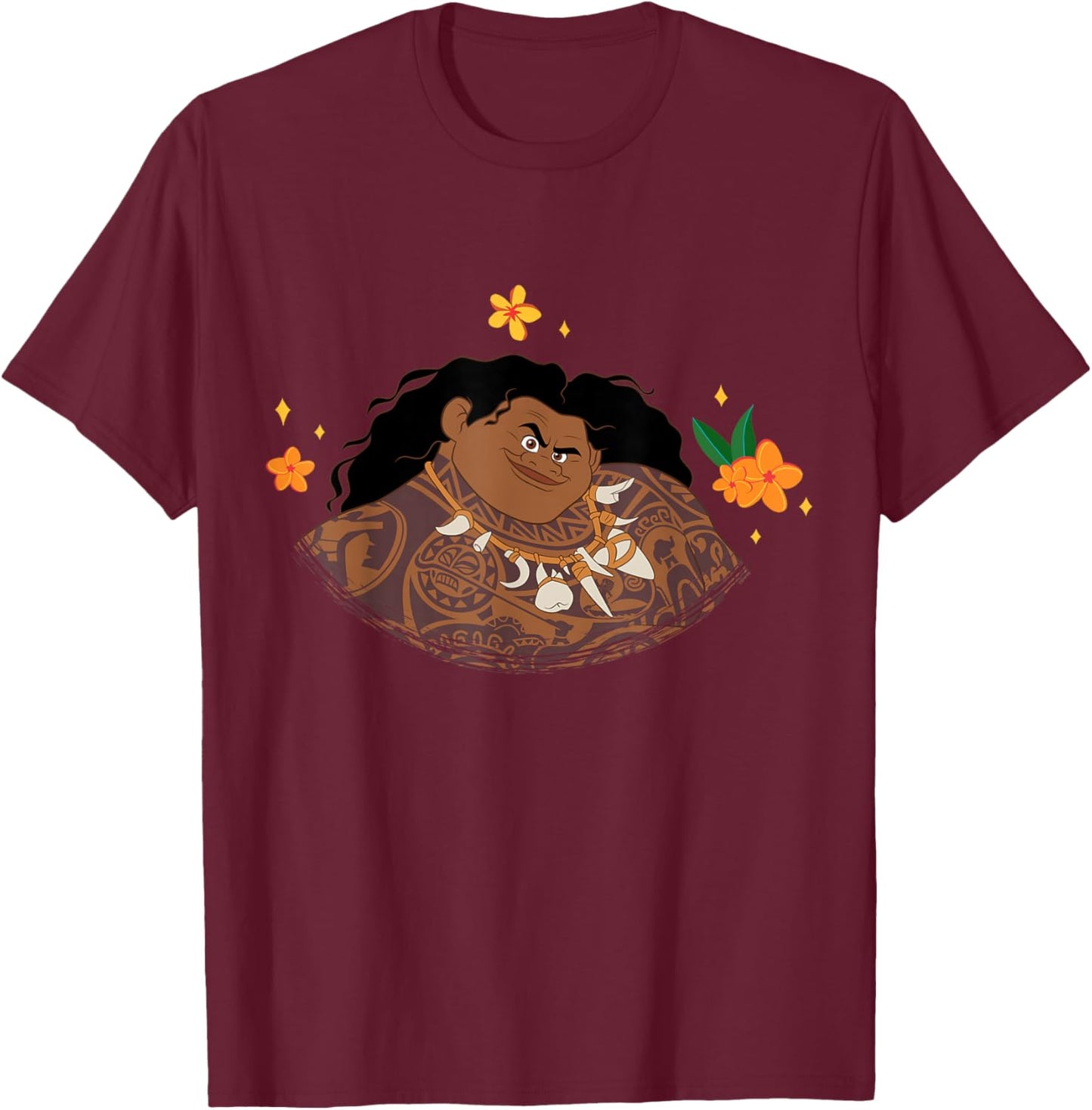 Disney Moana 2 Big Face Maui Tropical Flowers Costume T-Shirt - T-Shirt | Maroon