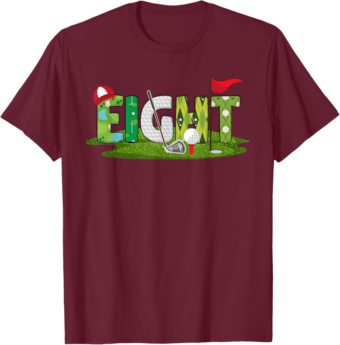 8th Birthday Golf Theme 8 Year Old Kids Sport Party T-Shirt - T-Shirt | Maroon