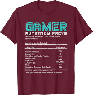 Video Gaming Funny Gamer Nutrition Facts Gift Gamer T-Shirt - T-Shirt | Maroon