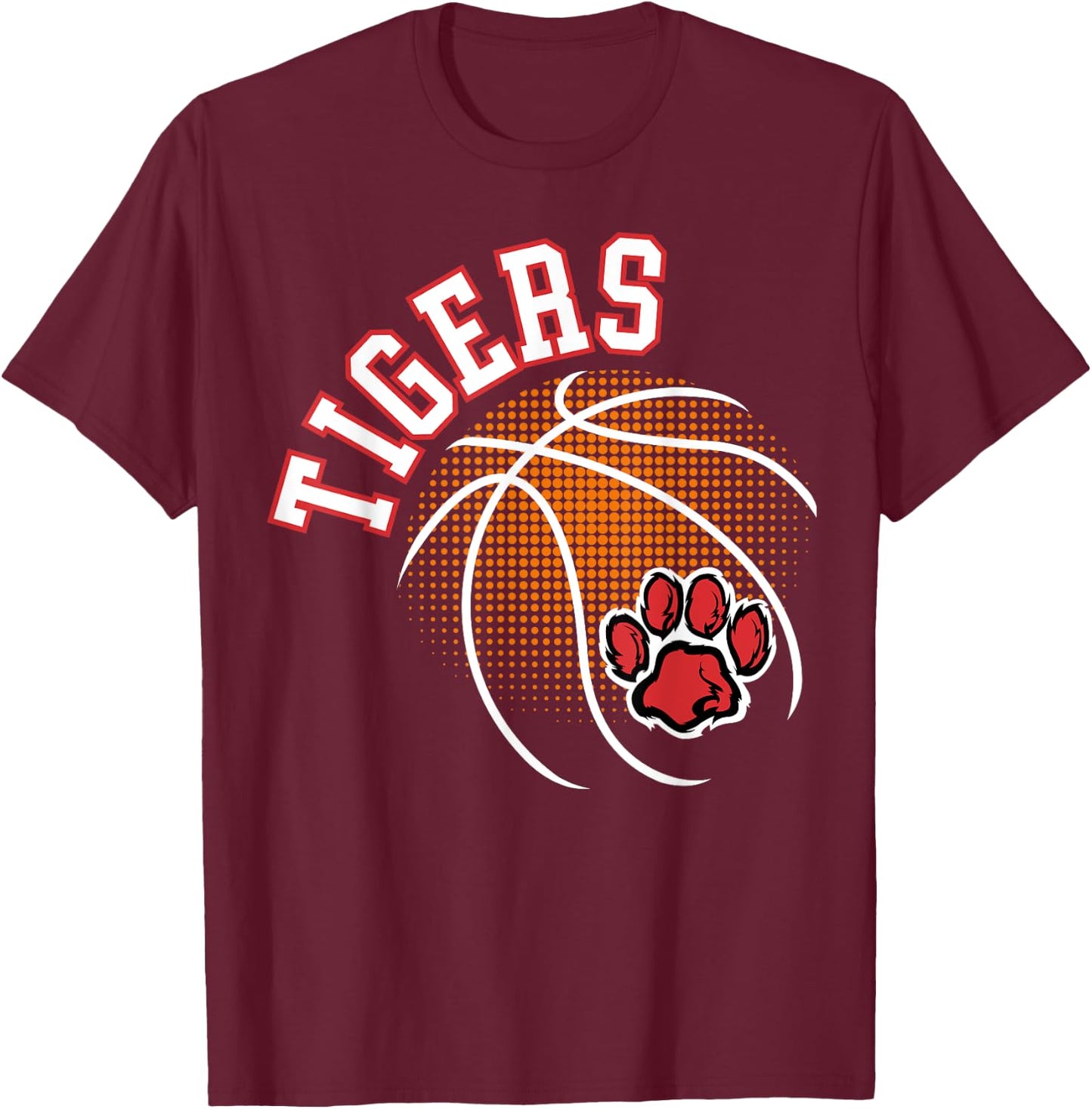 Tigers Basketball Red Tiger Pride Paw Print School Spirit T-Shirt - T-Shirt | Maroon