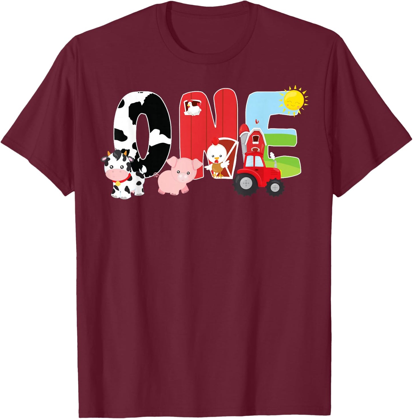 Farm Animals 1st Birthday Barnyard 1 Year Old Baby Birthday T-Shirt - T-Shirt | Maroon