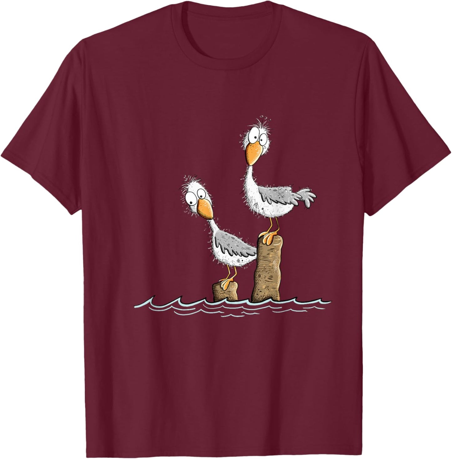 Funny Gulls on the Wharf Design Cartoon Sea Bird , Black, S T-Shirt - T-Shirt | Maroon