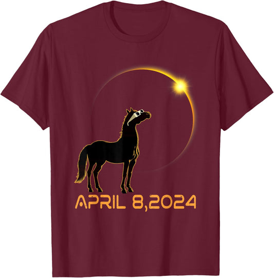 Total Solar Eclipse 2024 Horse Wearing Solar Eclipse Glasses T-Shirt - T-Shirt | Maroon
