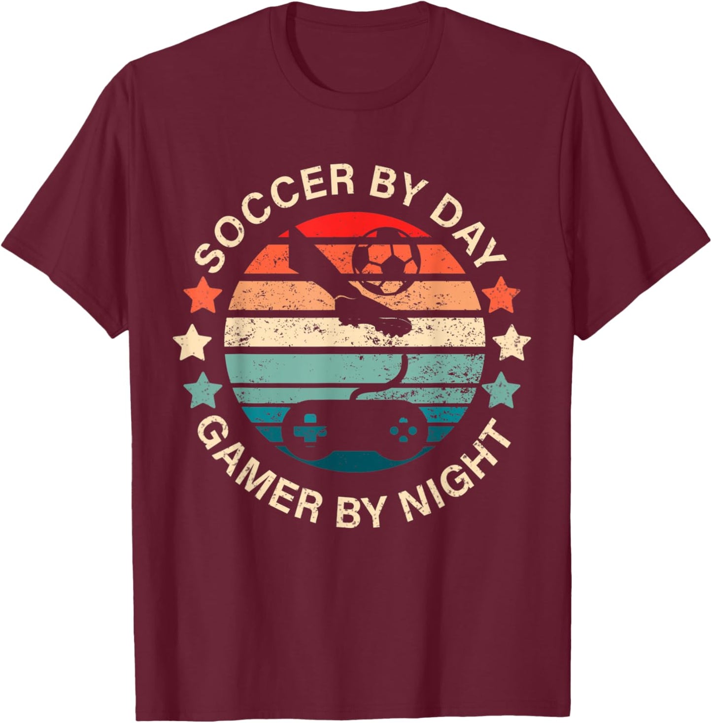 Soccer By Day Gamer By Night Gamer Vintage Retro Christmas T-Shirt - T-Shirt | Maroon
