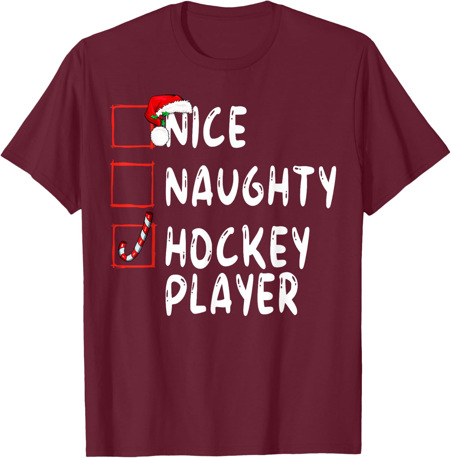 Nice Naughty Hockey Player Christmas Santa Claus T-Shirt - T-Shirt | Maroon