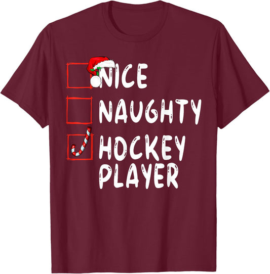 Nice Naughty Hockey Player Christmas Santa Claus T-Shirt - T-Shirt | Maroon