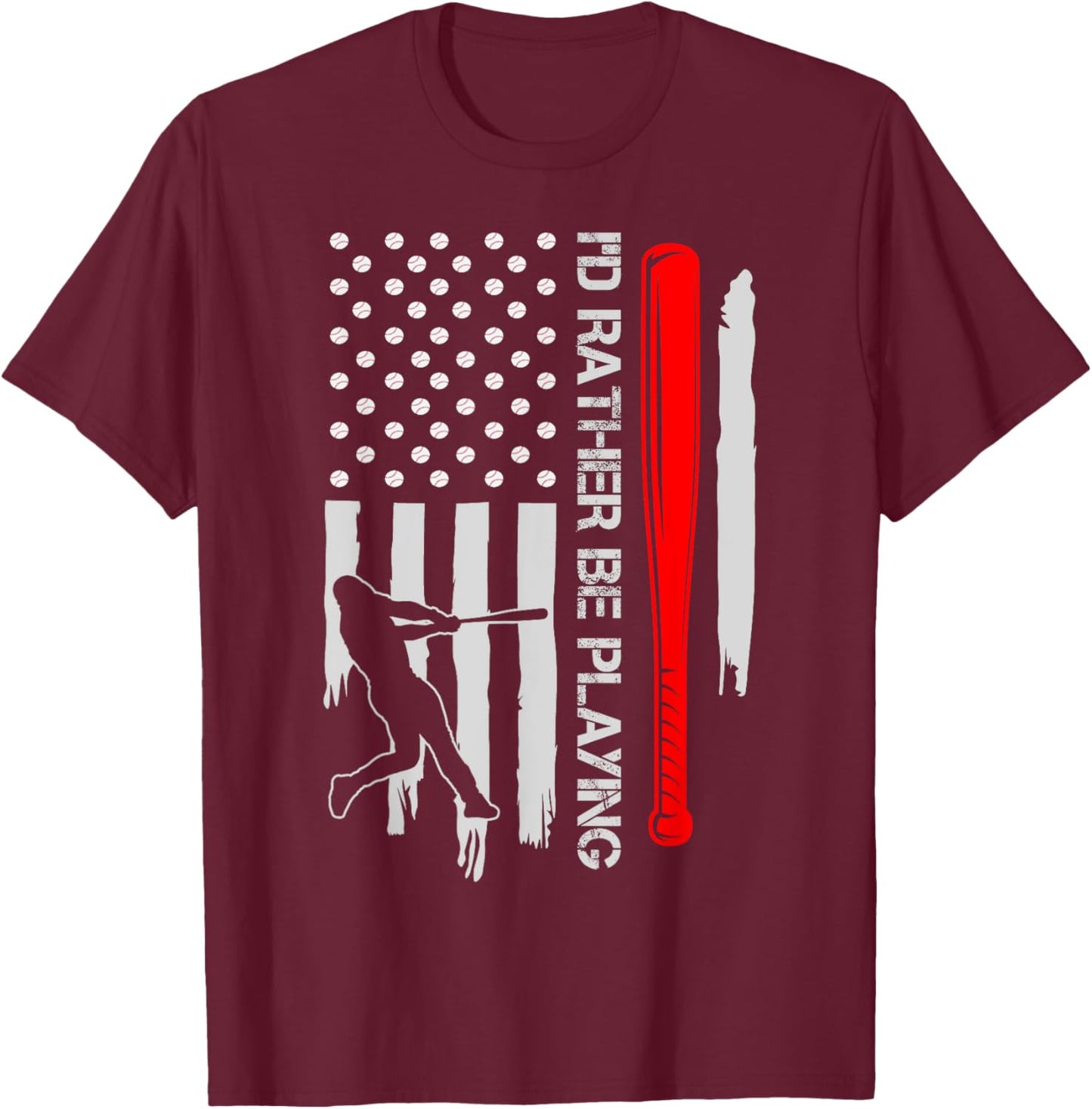Vintage USA Flag Baseball Player, I'd Rather Be Playing Women Kids Men T-Shirt - T-Shirt | Maroon