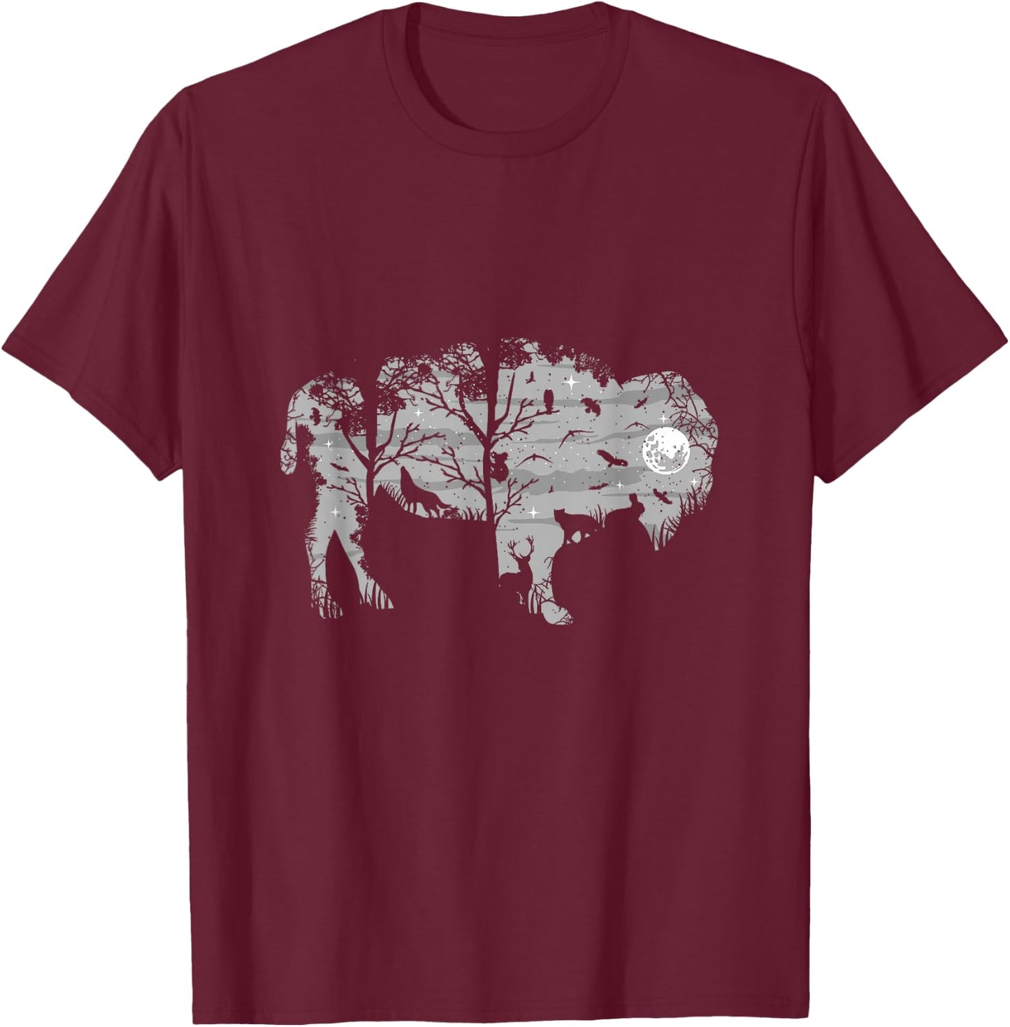 Forest Moon Bison Silhouette Wild Animals American Buffalo T-Shirt - T-Shirt | Maroon