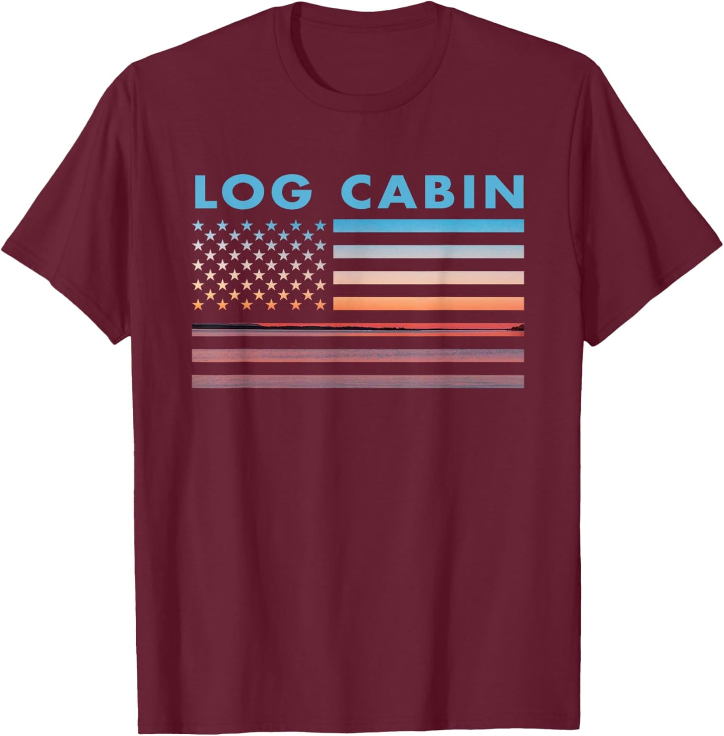 Vintage Sunset American Flag Log Cabin, Texas Women Men T-Shirt - T-Shirt | Maroon