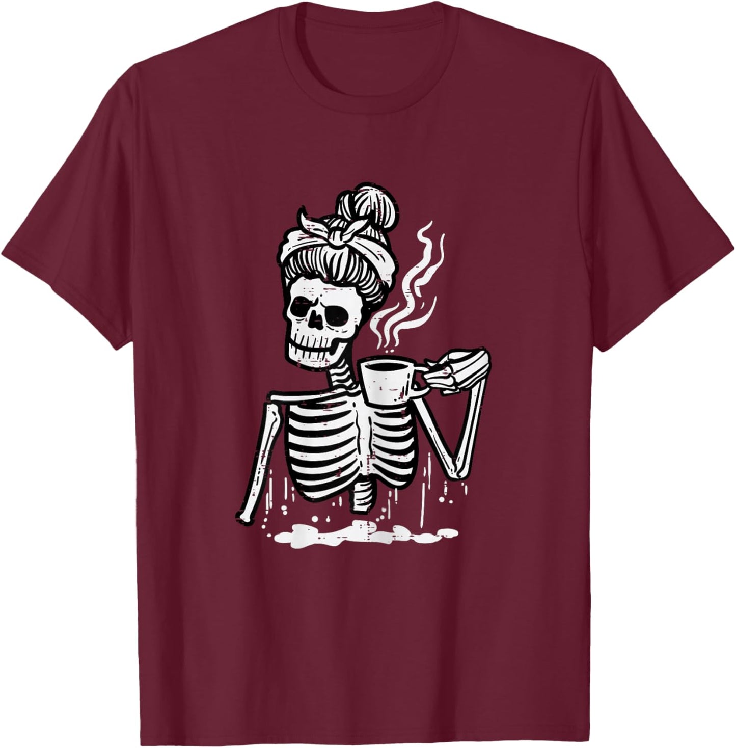 Halloween Skeleton Messy Bun Coffee Funny Costume Mom Women T-Shirt - T-Shirt | Maroon