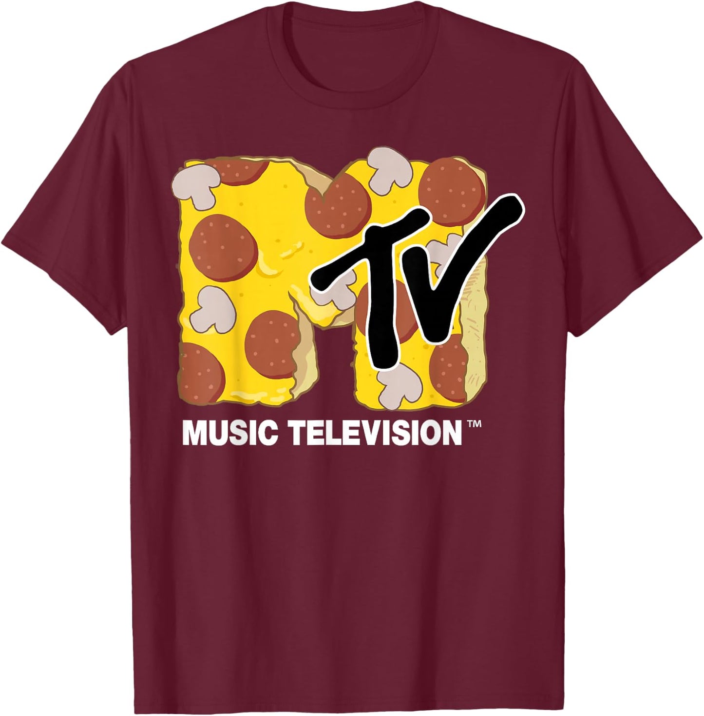 MTV Mushroom and Pepperoni Pizza MTV Logo Graphic T-Shirt - T-Shirt | Maroon