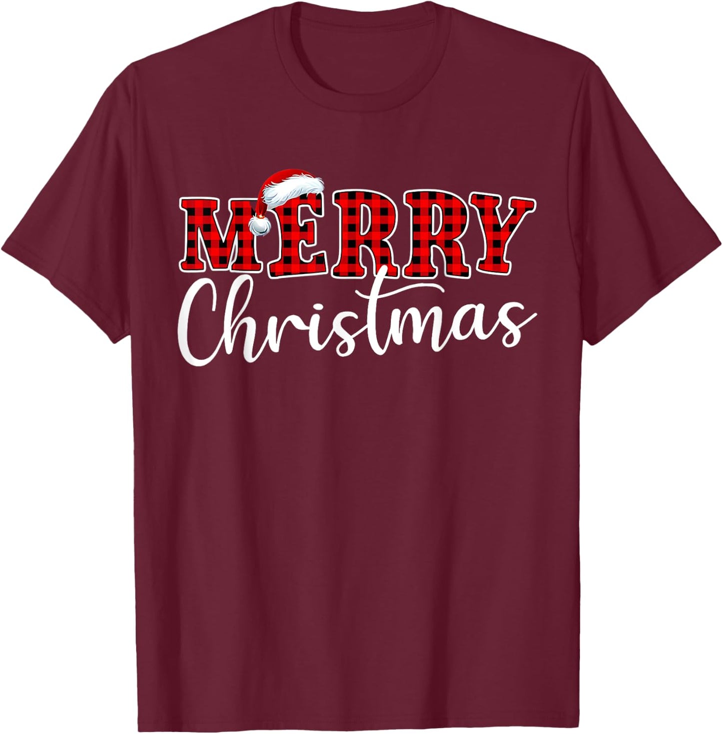 Merry Christmas Buffalo Plaid Red Santa Hat Xmas Pajamas T-Shirt - T-Shirt | Maroon