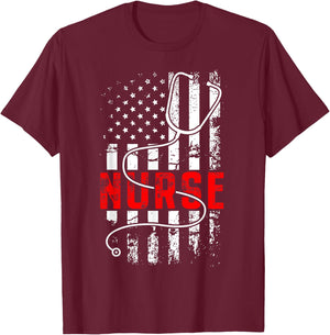 Patriotic Nurse USA Flag Stethoscope Funny Nurse Careers T-Shirt - T-Shirt | Maroon