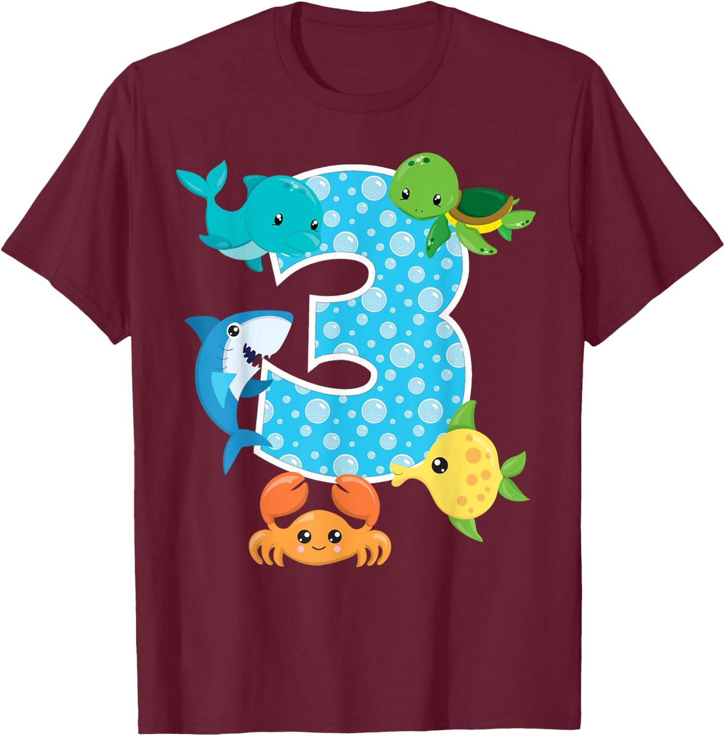 3rd Birthday Party 3 Year Old Sea Fish Aquarium Birthday Boy T-Shirt - T-Shirt | Maroon