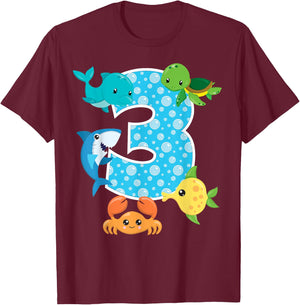 3rd Birthday Party 3 Year Old Sea Fish Aquarium Birthday Boy T-Shirt - T-Shirt | Maroon