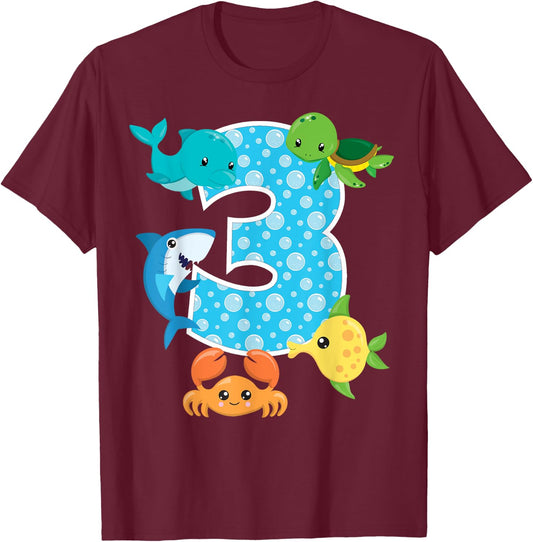 3rd Birthday Party 3 Year Old Sea Fish Aquarium Birthday Boy T-Shirt - T-Shirt | Maroon