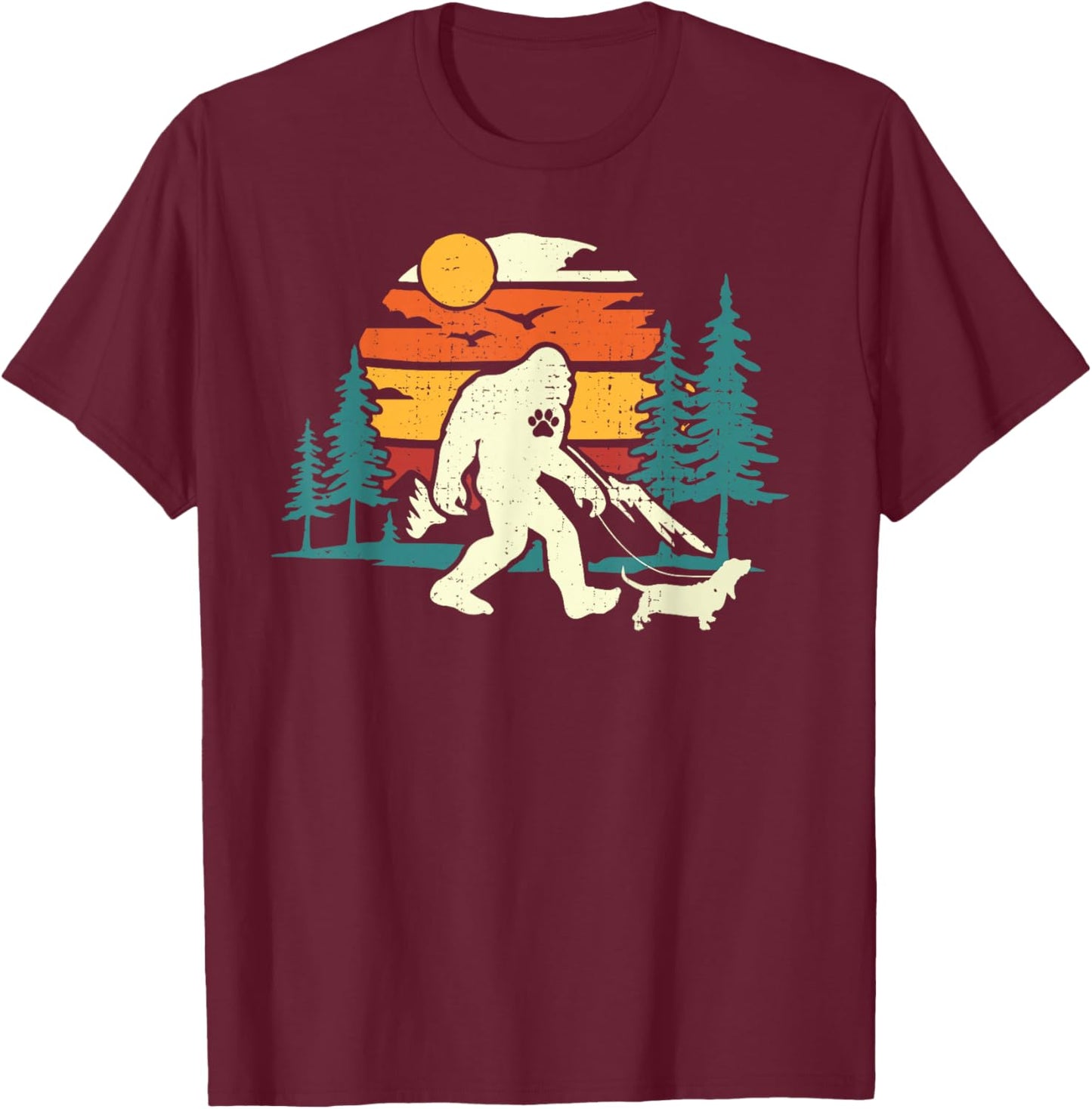 Retro Bigfoot Walking Basset Hound Dog Walker Sasquatch Women Girls Kids T-Shirt - T-Shirt | Maroon